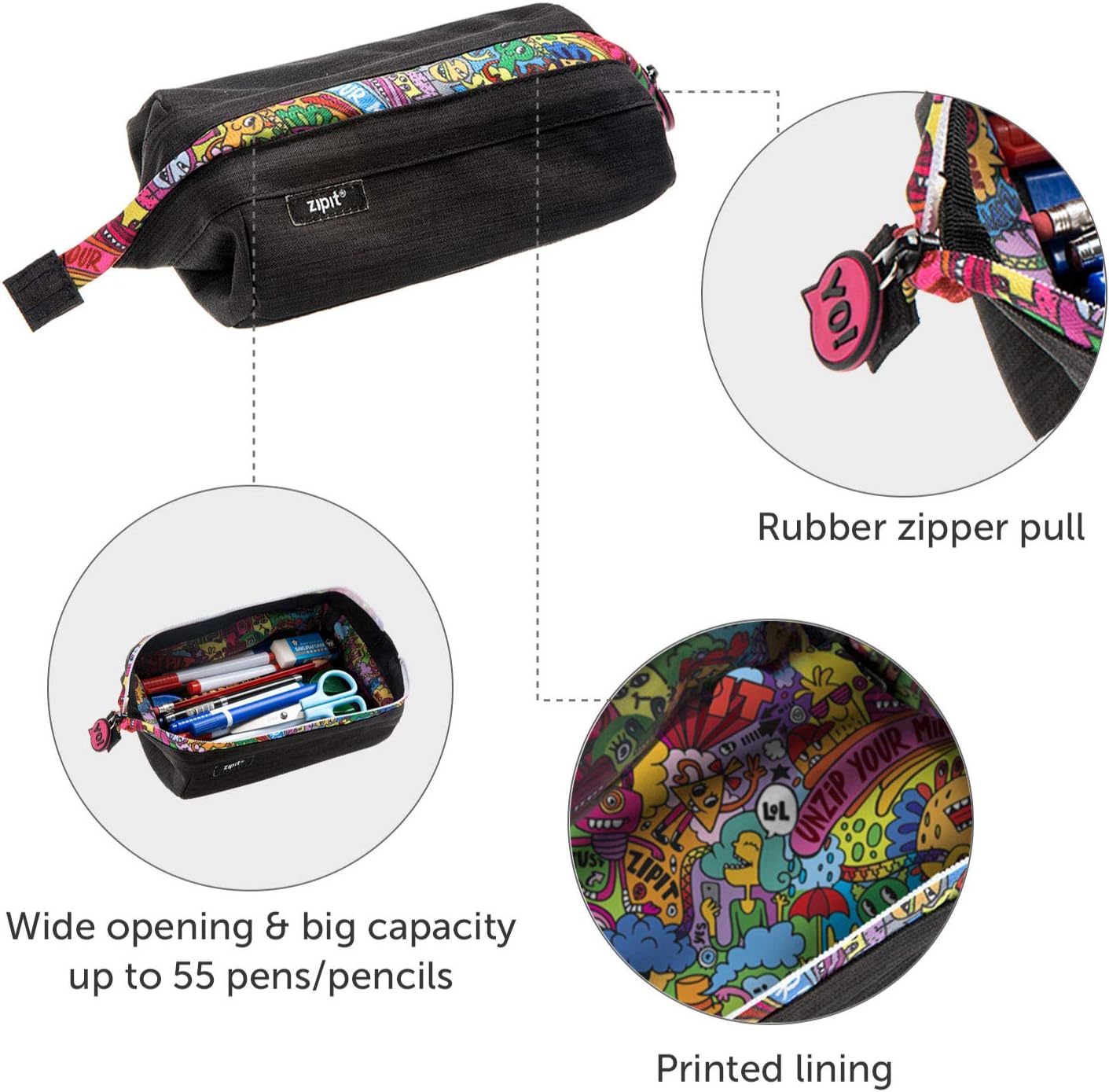 ZIPIT Lenny Pencil Case, Large Capacity Zipper Pouch for School Stationery Bag for Teen Girls Boys and Adults Black - Image 3