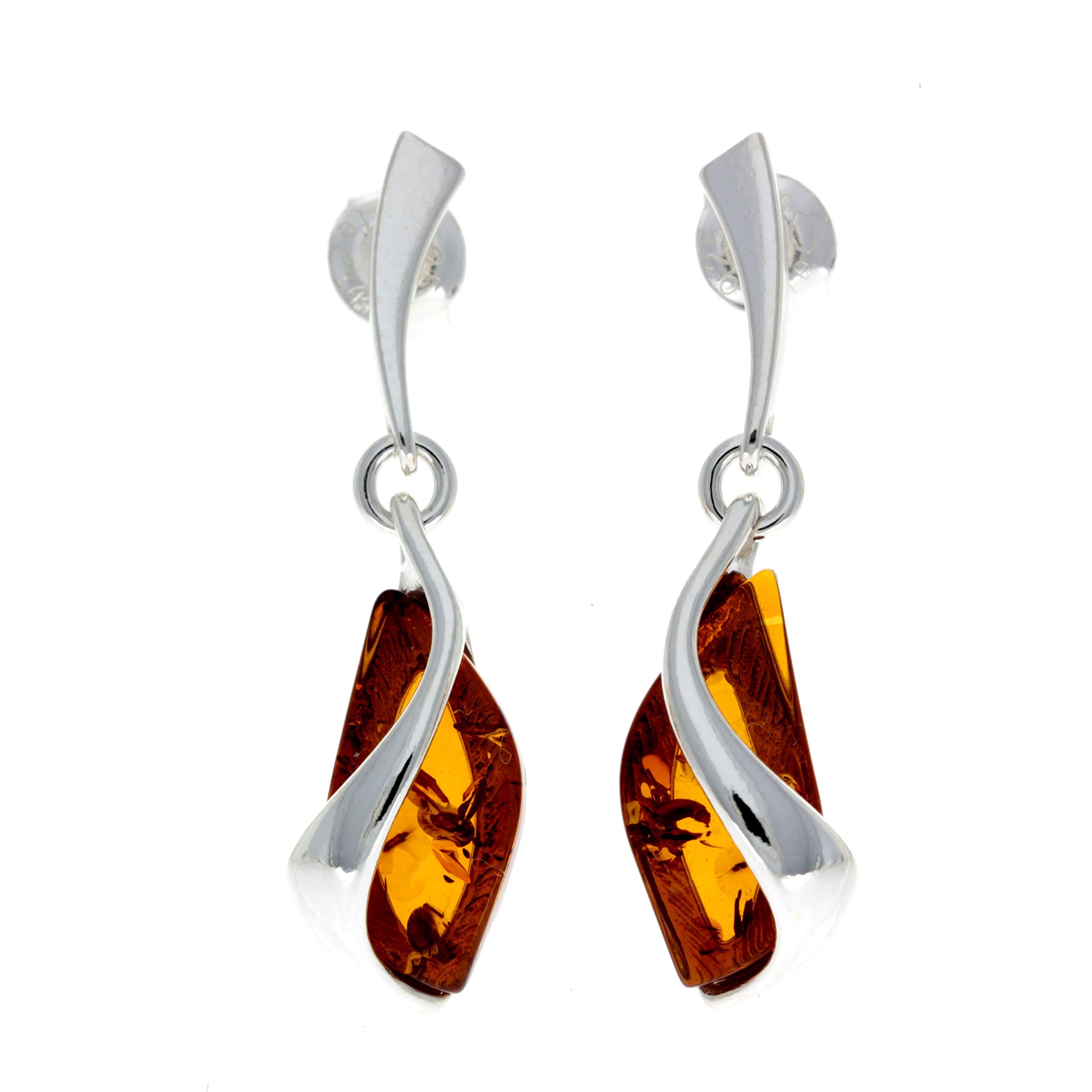 Modern Genuine Natural Cognac Baltic Amber and 925 Sterling Silver Studs Drop Earrings GL166