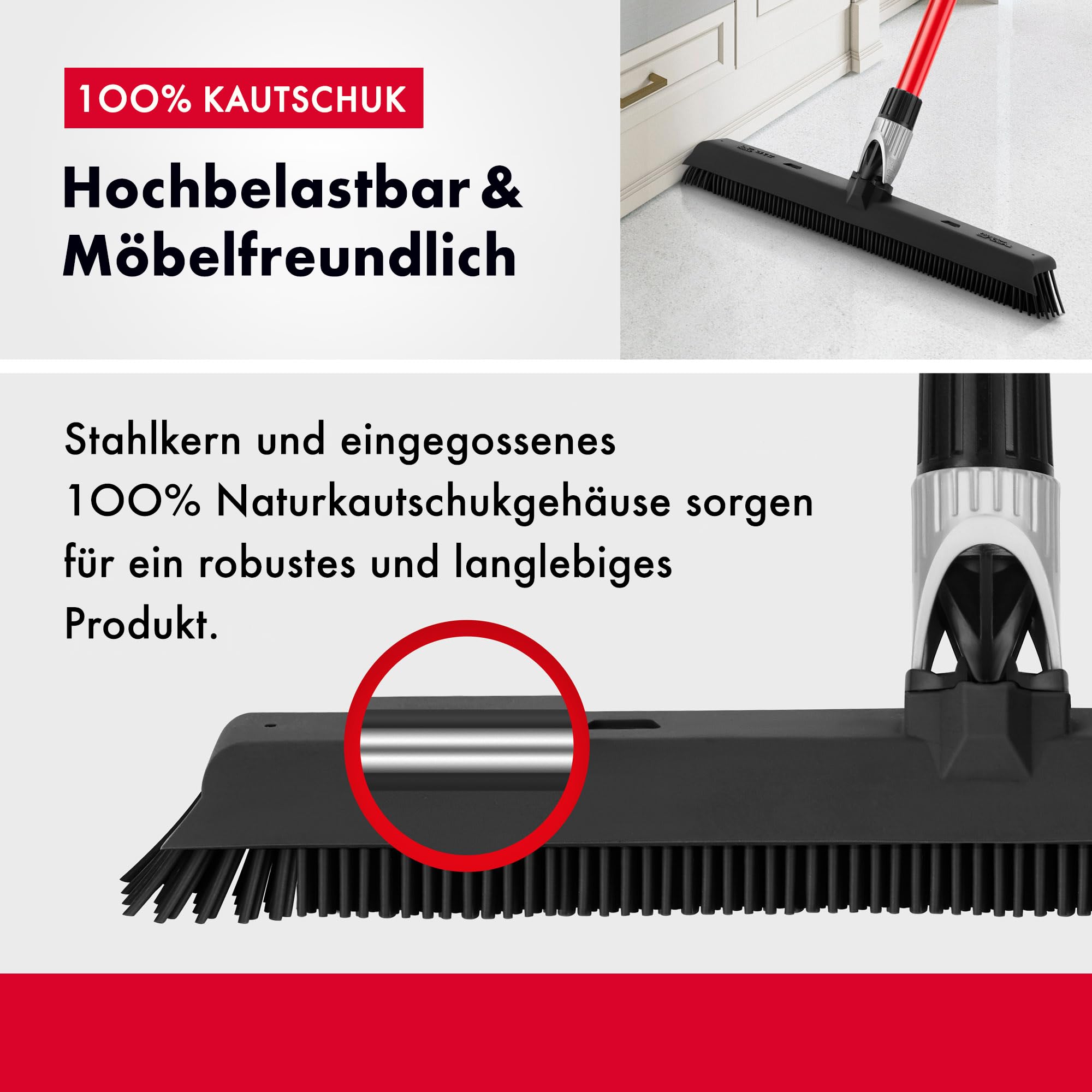 Tyroler Gummibesen & Bodenabzieher | Kehrbesen-Kopf aus 100% Naturkautschuk 41 cm | Besen mit Stiel und 140 cm Anti-Rost-Griff | Gummi-besen mit Abzieher | Gummibesen mit Stiel | Gummibesens Tierhaare 8