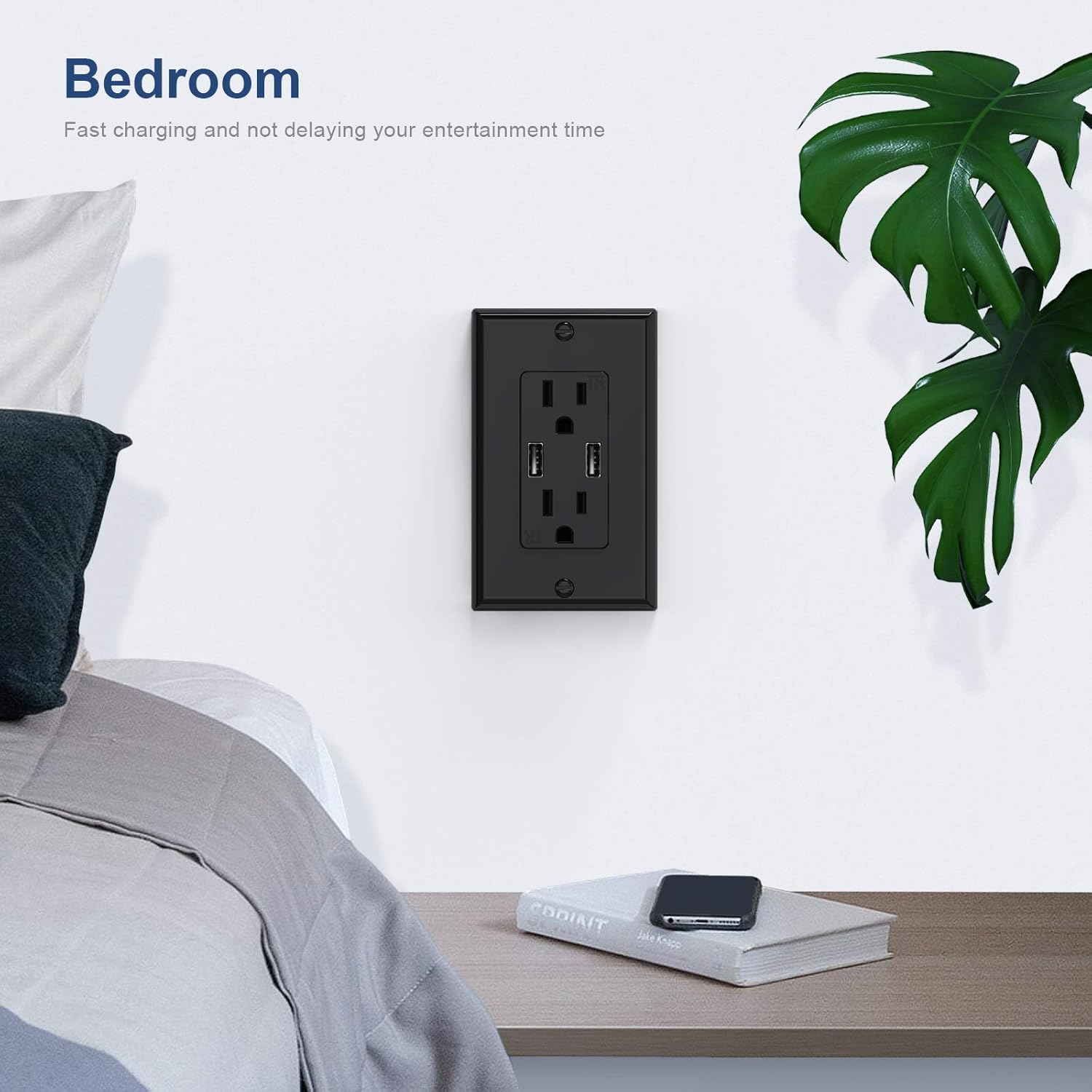KYHSHJ 3.6A USB Wall Outlet Charger, 15A Tamper-Resistant Receptacles, Compatible with iPhone 11/X/XS/XR/SE/8, LG, HTC Samsung Galaxy S20/S10/S9/Note, More, ETL Certification, Black 1 Pack - - 