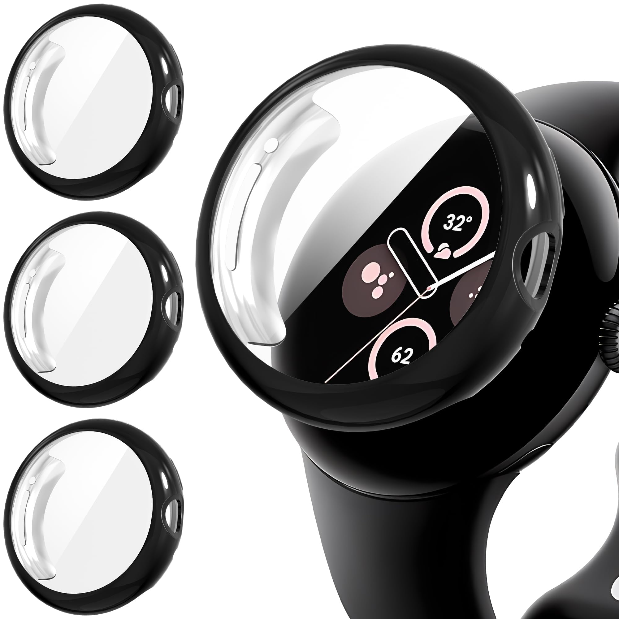 Diruite 3-Pack Cases for Google Pixel Watch 3/2/1 41mm Screen Protector TPU Screen Protector Cover,Black&Black&Black