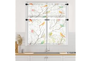 Britown Birds Flower Yellow Semi-Sheer Kitchen Curtain Set with Tiers and Valance, Spring Summer Tree Branches Window Treatments Set Rod Pocket for Room Kitchen Decoration 52" x 36" 3PC