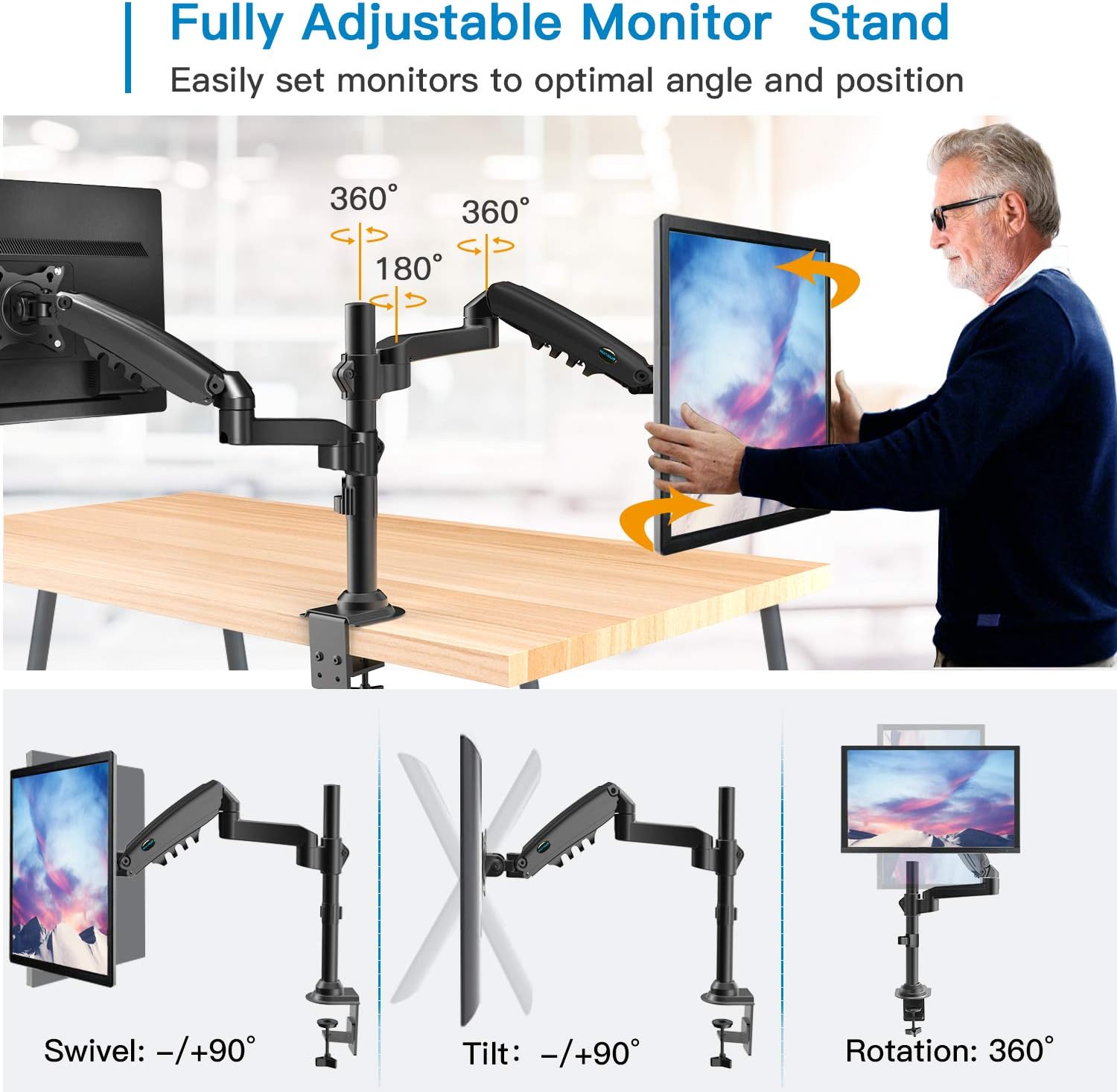 Dual Monitor Stand - Height Adjustable Gas Spring Double Arm Monitor Mount Desk Stand Fit Two 17 to 32 inch Screens with Clamp, Grommet Mounting Base, Each Arm Hold up to 19.8lbs : Office Products