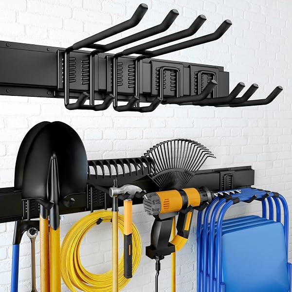 UUP 32 INCHES GARAGE STORAGE, GARAGE ORGANIZATION, WALL MOUNT GARDEN TOOL ORGANIZER, MAX 300LBS ADJUSTABLE METAL HOOKS, YARD SHED HANGING RACK, HEAVY DUTY SHELVING FOR RAKE BROOM MOP SNOWBOARD