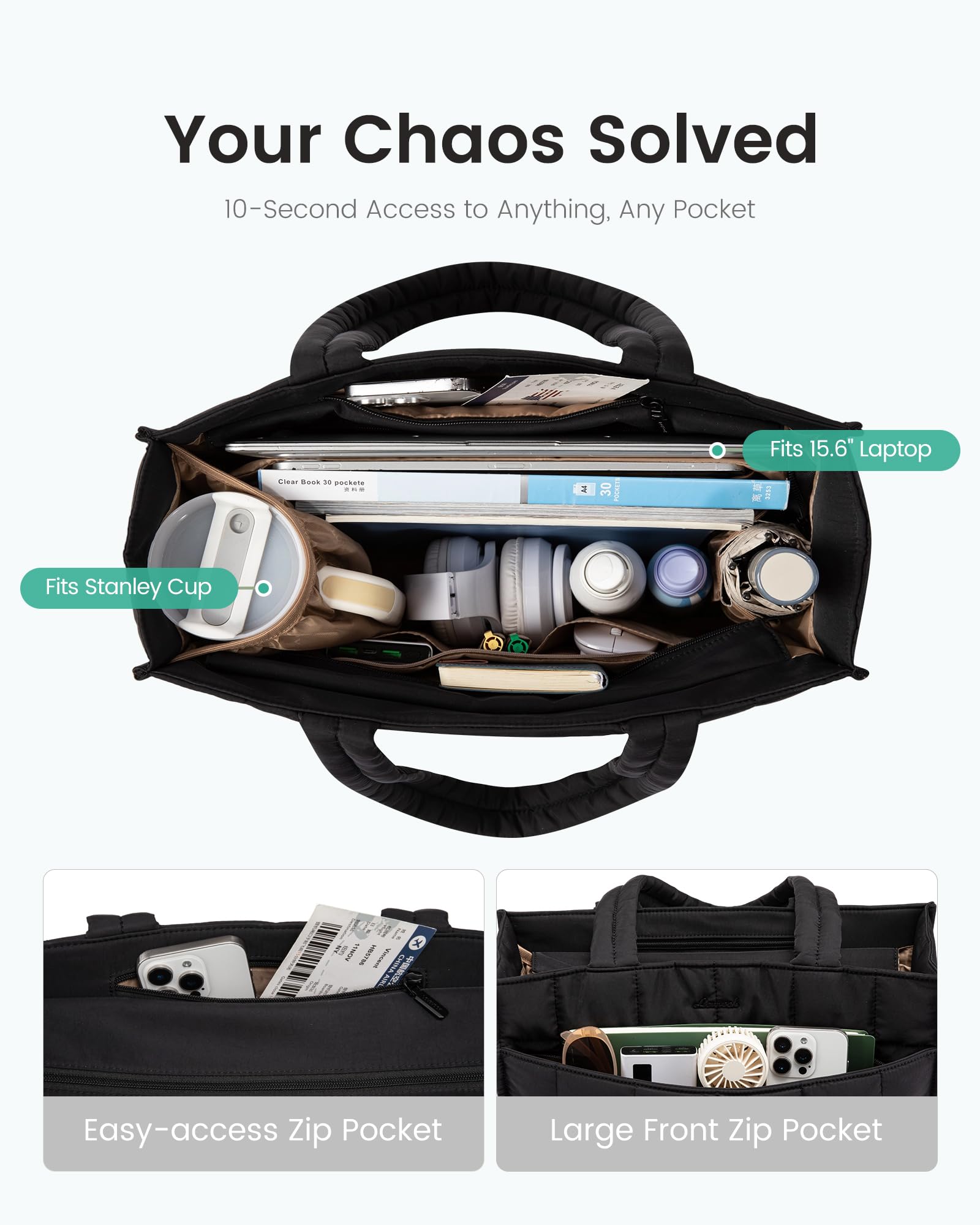 LOVEVOOK Tote Bag for Women, Puffer Work Handbag 15.6 Inch Laptop Purse for Nurse Teacher, Large Quilted Travel Tote Shoulder Bag with Zipper for College Office Clinical Gym, Khaki