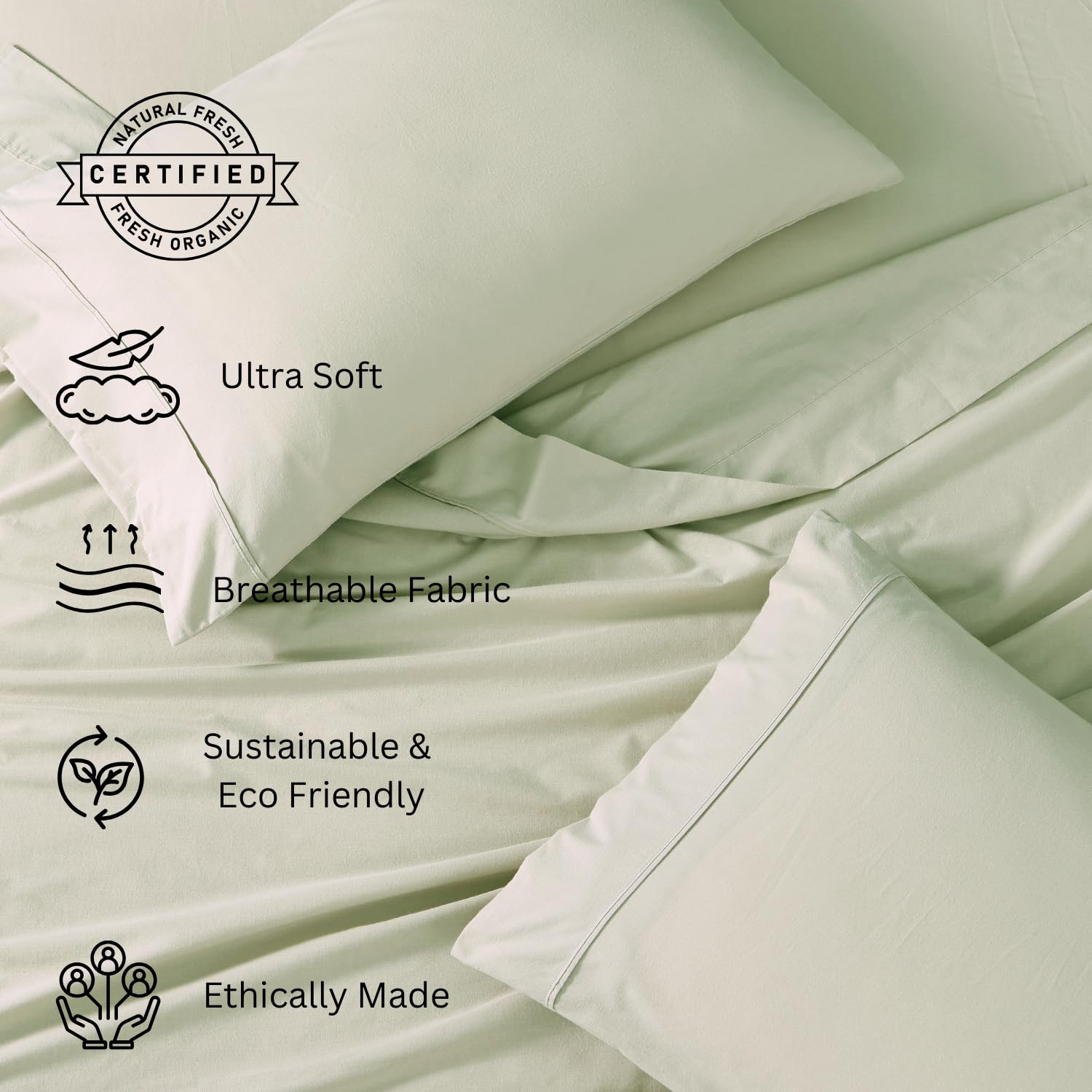 LANE LINEN 100% Organic Cotton Sheets Queen Size Bed Set, Machine Wash Eco Friendly Sustainably Produced Cotton Queen Sheet Set, Soft & Comfy Long Stabple Naturally Cooling Sheets– Mineral