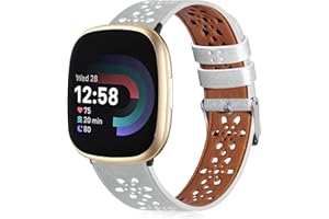 AFOSKCE Leather Bands for Fitbit Versa 3 Bands/Versa 4 Bands for Women Men/Fitbit Sense Bands/Fitbit Sense 2 Bands,Floral Breathable Hollow Replacement Wristbands Band for Versa 4/Sense Watch,Black