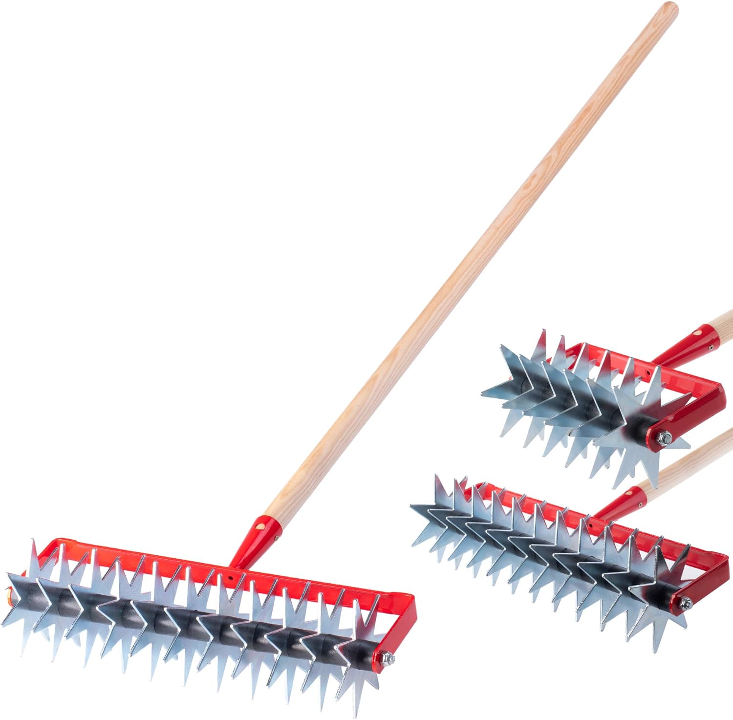 KADAX Sternfräse, Gartenfräse aus Metall, Krümler zum Lockern des Bodens, Kultivator für Garten, Rasen, Unkraut, Rollhacke, Bodenkrümler, Rollkultivator, Bodenlüfter (mit 12 Sternen, Holzstiel)