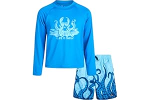 Big Chill Boys’ Rash Guard Set – UPF 50+ Long Sleeve Swim Shirt and Bathing Suit Trunks – Swimwear Set for Boys (4-14)