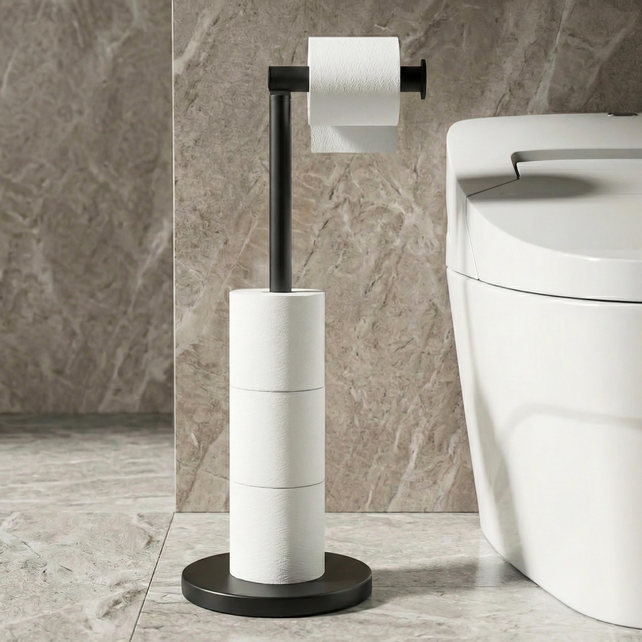 Photo 1 of Cesun Toilet Paper Holder Stand Free Standing, Black Toilet Paper Storage with Heavy Weighted Base, Bathroom Stainless Steel Toilet Paper Roll Holder, Non-Slip, Matte Black