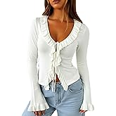 Navneet Women Ruffle Tie Front Cardigan Sweater Long Bell Sleeve Cropped Knit Sweater Top