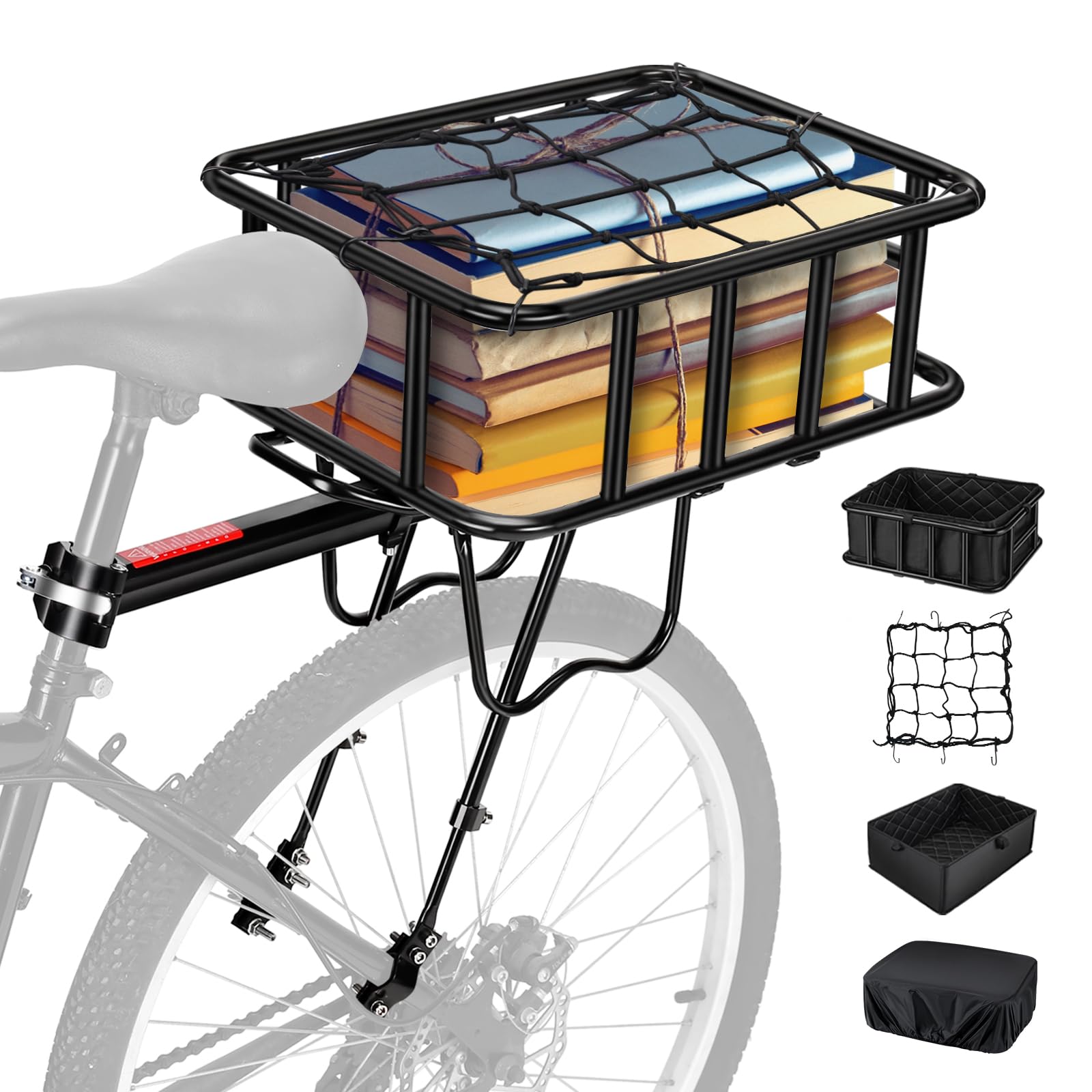 Photo 1 of Rear Bike Rack with Basket, 110 LB Capacity Universal Bike Basket Rear, Aluminum Alloy Bike Cargo Rack for Back of Bike with Free Bungee Cord & Waterproof Cover & Installation Tool