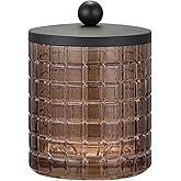 Indecor Home Amber Colored Tranlucent Apothecary Etched Geometric Grid Glass Jar W/Matte Black Metal Lid for Bathroom Organization, Cotton Balls, Q Tips, and Small Accessories, Bathroom Storage