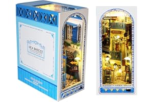 TOMYOUNG 3D Wooden Book Stand Puzzle,DIY Book Nook Kits,Dollhouse Wood Bookends Book Nook Model Building Kit with LED to Build-Creativity Gift for Christmas(Aegean Sea)