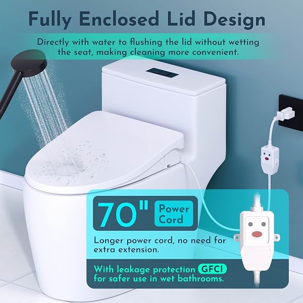 ELECTRIC HEATED BIDET WARMER WATER TOILET SEAT ELONGATED WITH BUBBLE WASH, WARM AIR DRYER, ENDLESS WARMER WATER, REMOTE CONTROL, CURVED SPRAY BAR, 70″ POWER CORD, CLEAN WATER