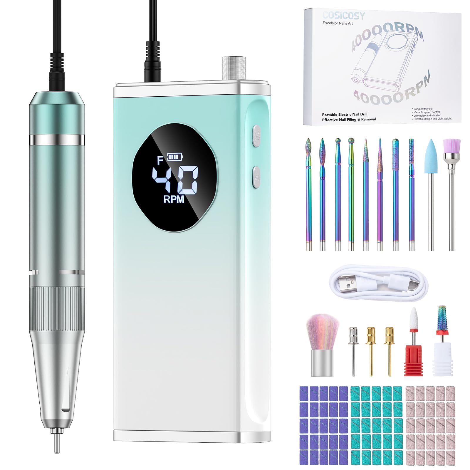 COSICOSY Electric Nail Drill, 40000RPM Professional Nail File with 15 Drill Bits, Portable Rechargeable Nail File Machine E File for Acrylic Nails Gel Polishing Removing, for Manicure Salon Home, Blue