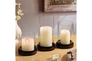 Volens Glass Hurricane Candle Holder with Wooden Tray - Set of 3 Candle Holders for Pillar Candles with Clear Windproof Cylinders, Decorative Wood Stands for Wedding Centerpiece & Holiday Decor