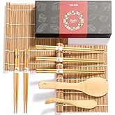 Delamu Bamboo Sushi Making Kit 9 in 1 for Sushi Beginners | with 2 Sushi Rolling Mats, 5 Pairs of Chopsticks, 1 Paddle, 1 Spreader, 1 Beginner Guide PDF, Sushi Kit, Bamboo Sushi Mat