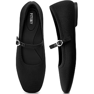 FITORY Flats for Women, Mary Jane Ballet Square Toe Knit Ankle Strap Shoes | Memory Foam, Comfortable, Foldable, Washable, Of