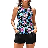 Daci Tankini Swimsuits for Women - Tummy Control Two Piece Bathing Suits with Shorts 2025 High Neck Swimwear Two Side Pockets