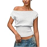 Verdusa Women's Going Out Tops Off The Shoulder Lightweight Sweater Cap Sleeve Cinched Waist Crop Top White Small