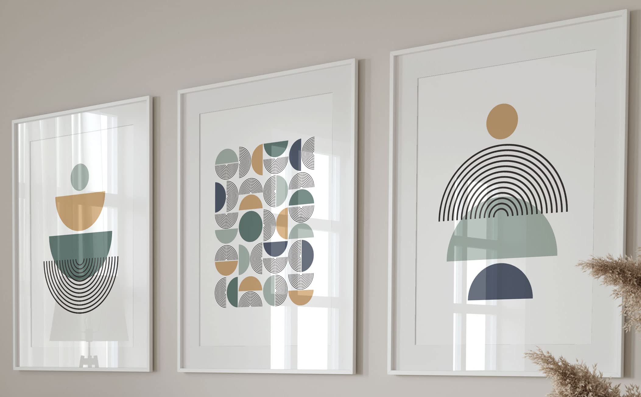 Eviepops Prints Misty Blue Geometric Set of 3 Unframed Wall Print, Abstract Geometric Shapes, Home Decor, Mid Century Modern Wall Art, Blue Green Beige (A3)