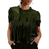 Women's Velvet Lace Babydoll Tops Casual Round Neck Short Sleeve Flared Swing Blouse Elegant Pleated Loose Fit Shirts