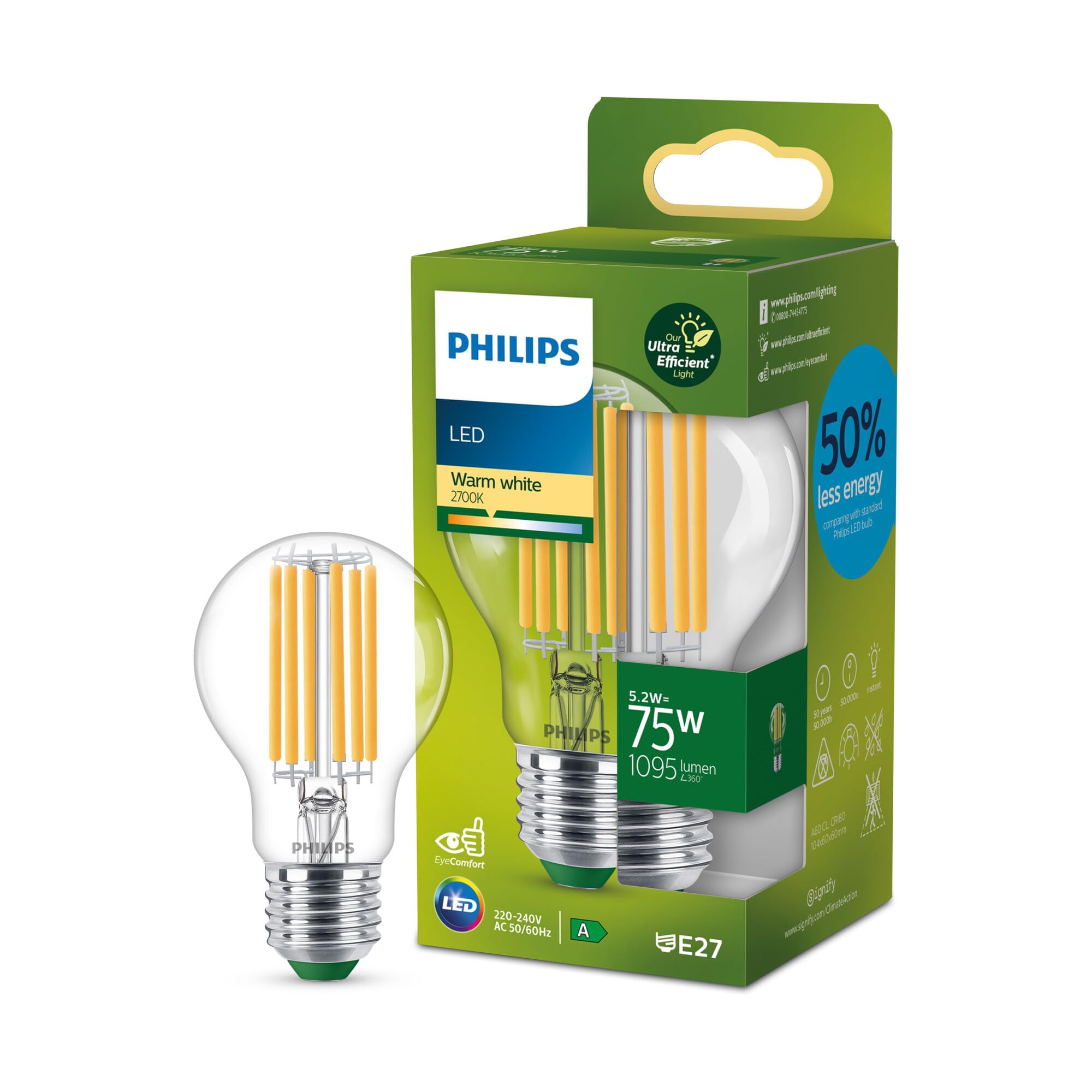 Philips Ultra Efficient - Ultra Energy Saving Lights, LED Light Source, 75W, A60, E27, Warm White 2700 Kelvin, Clear