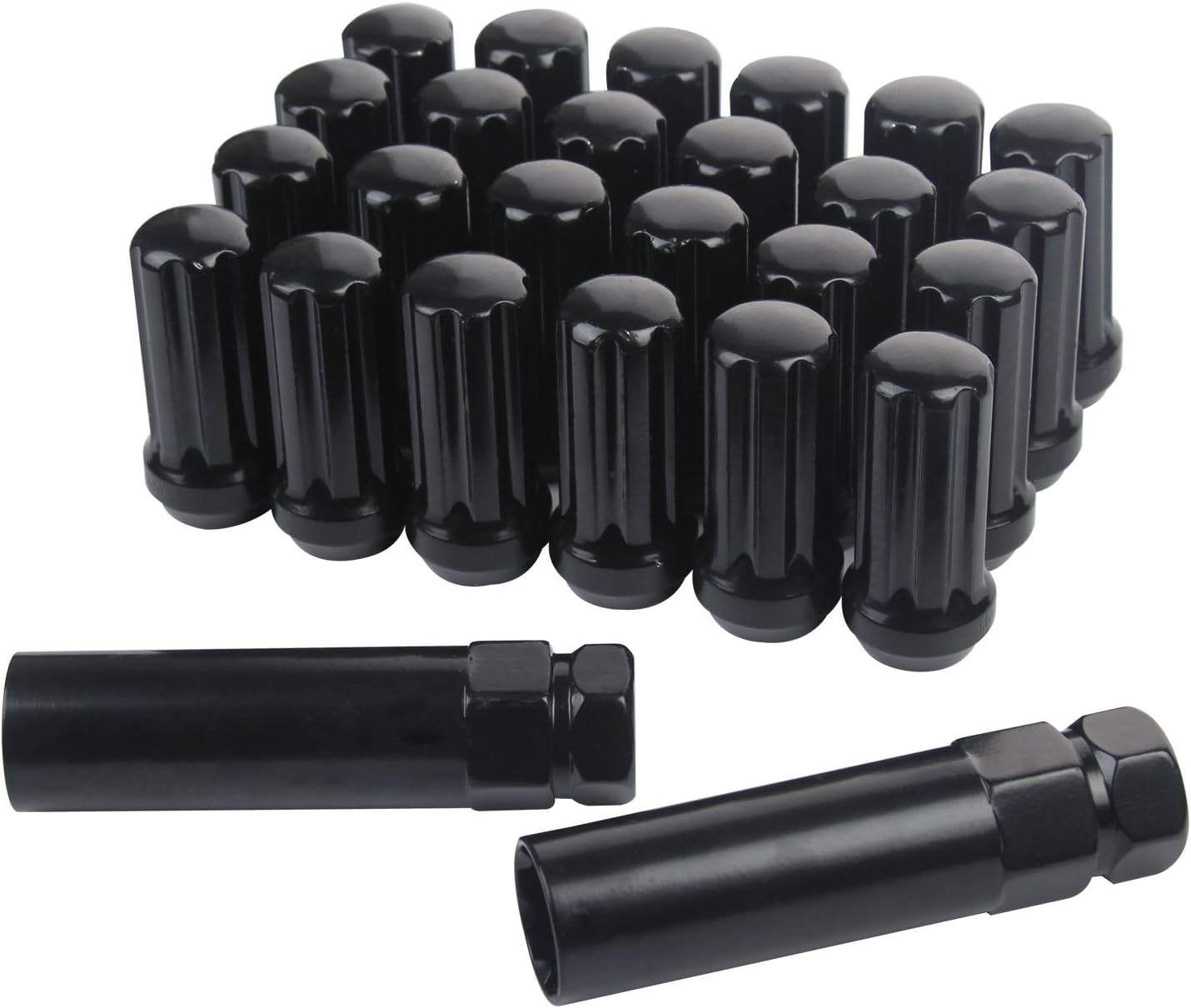 ZY Wheel 14mm x 1.5 Thread Size 51mm Long Set of 24pcs Small Diameter 7 Spline Drive Black Lug Nuts Closed End with 2 Keys: Industrial & Scientific