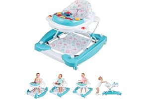 HONEY JOY Baby Walker, 6-in-1 Foldable Baby Walker and Bouncer Combo, Infant Activity Walker with Wheels, Adjustable Heights, Rocker, Music, Lights, Walker for Baby Boy Girl 7-14 Months (Green)