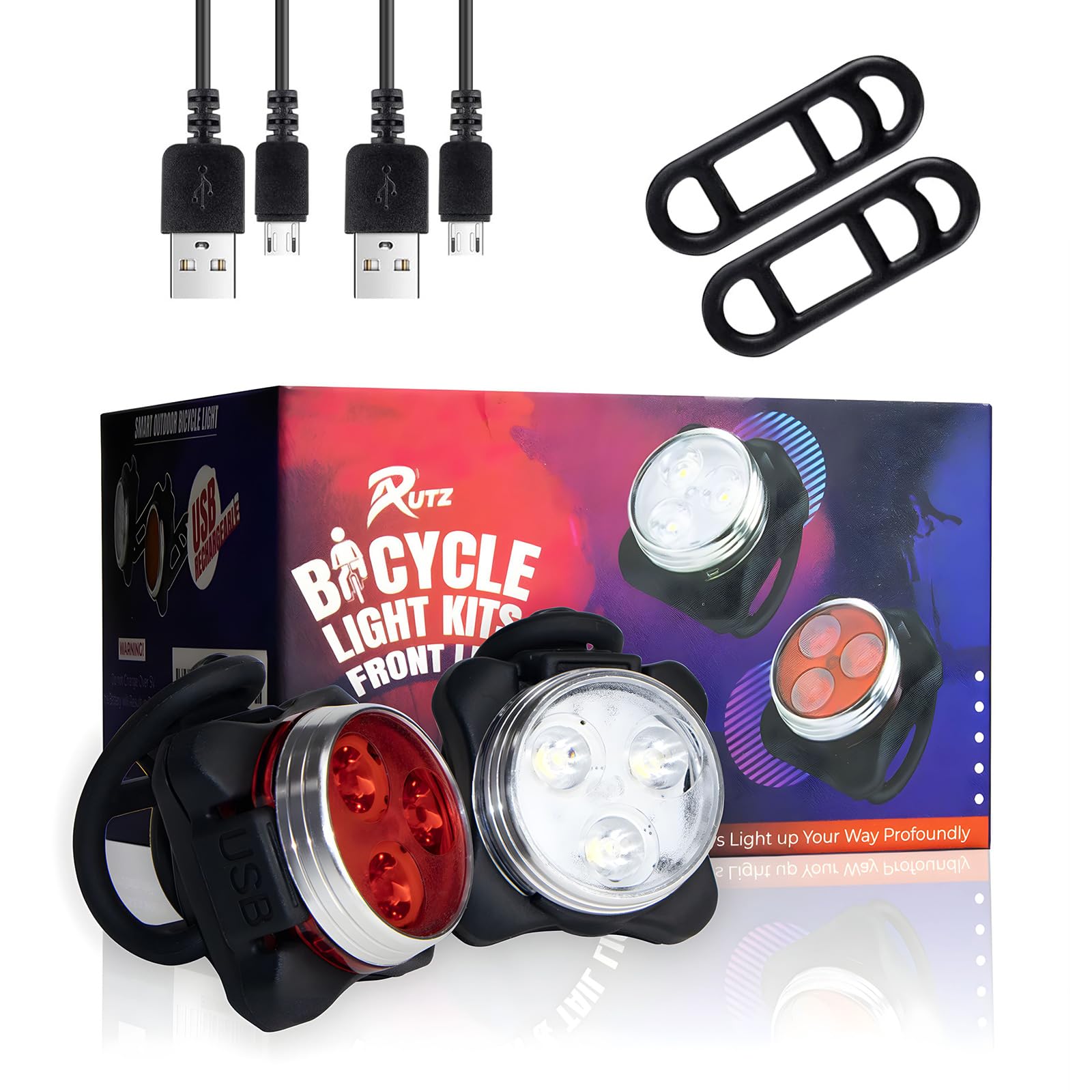 RUTZ® Bike Light Set, Super Bright USB Rechargeable Bicycle Lights, Waterproof Mountain Road Bike Lights Rechargeable, Safety & Easy Mount LED Cycle Lights, USB Cycling Front Light & Rear Light