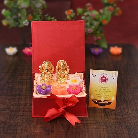 CollectibleIndia Laxmi Ganesha Diwali Gift Hameprs Box Set -Gold Plated Laxmi Ganesh Idol Showpiece - Set of 4 Floating Tealight Candles,Special Greeting Card - Diwali Decoration Items for Home