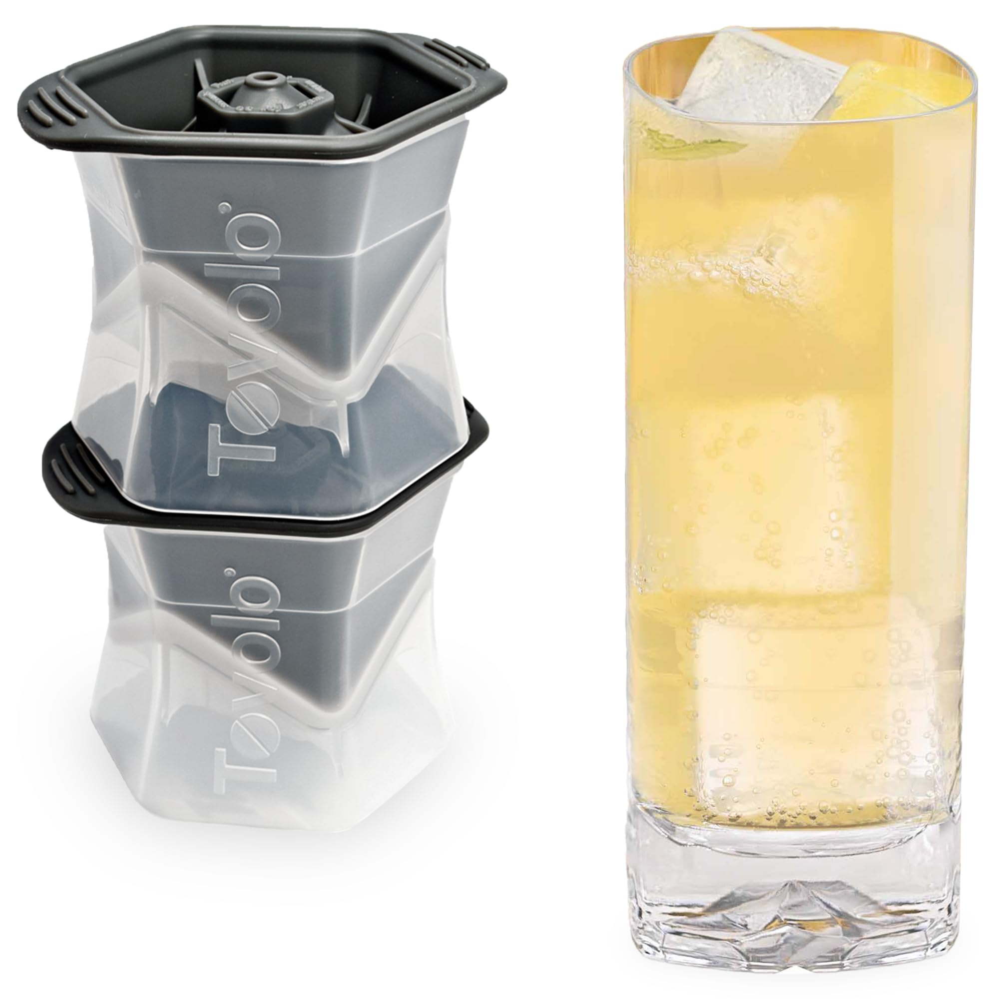 Tovolo Leak-Free, Slow-Melting Colossal 2.25-Inch Cube Ice Silicone Sealed Lid Anti-Tip, Set of 2 Stackable Molds for Whiskey, Spirits, Liquor, Cocktails, Soda & More, Black