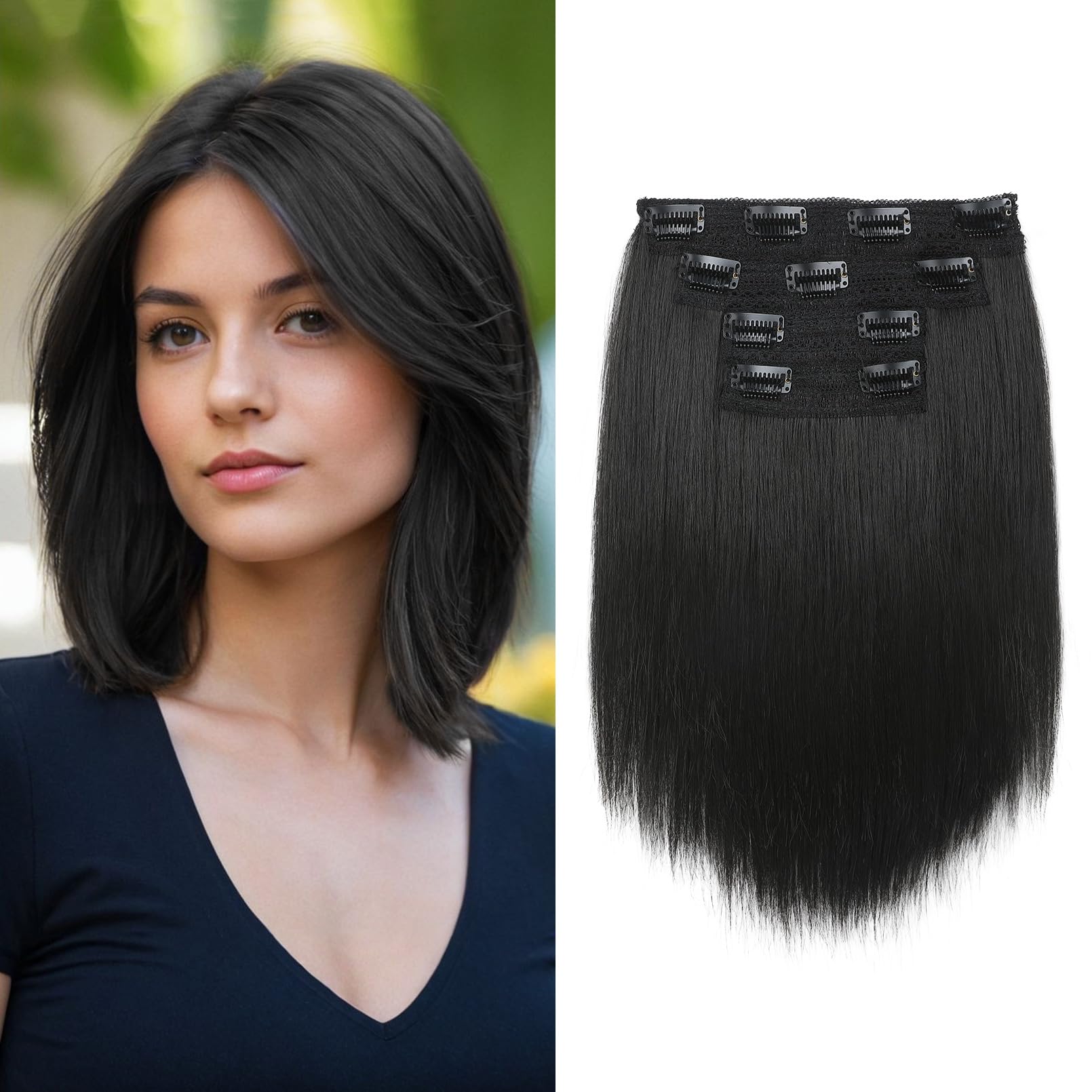Photo 1 of NTYNTY Hair Extensions, 10" Short Clip in Hair Extensions 4PCS Straight Natural Soft Synthetic Hairpiece for Women- Black
