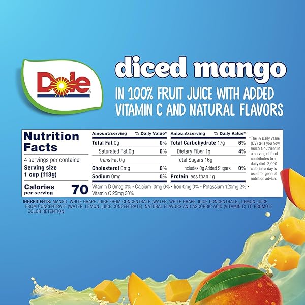 DOLE DICED MANGO IN 100% FRUIT JUICE – DOLE FRUIT BOWLS – 4 OZ BOWLS – 24 PACK