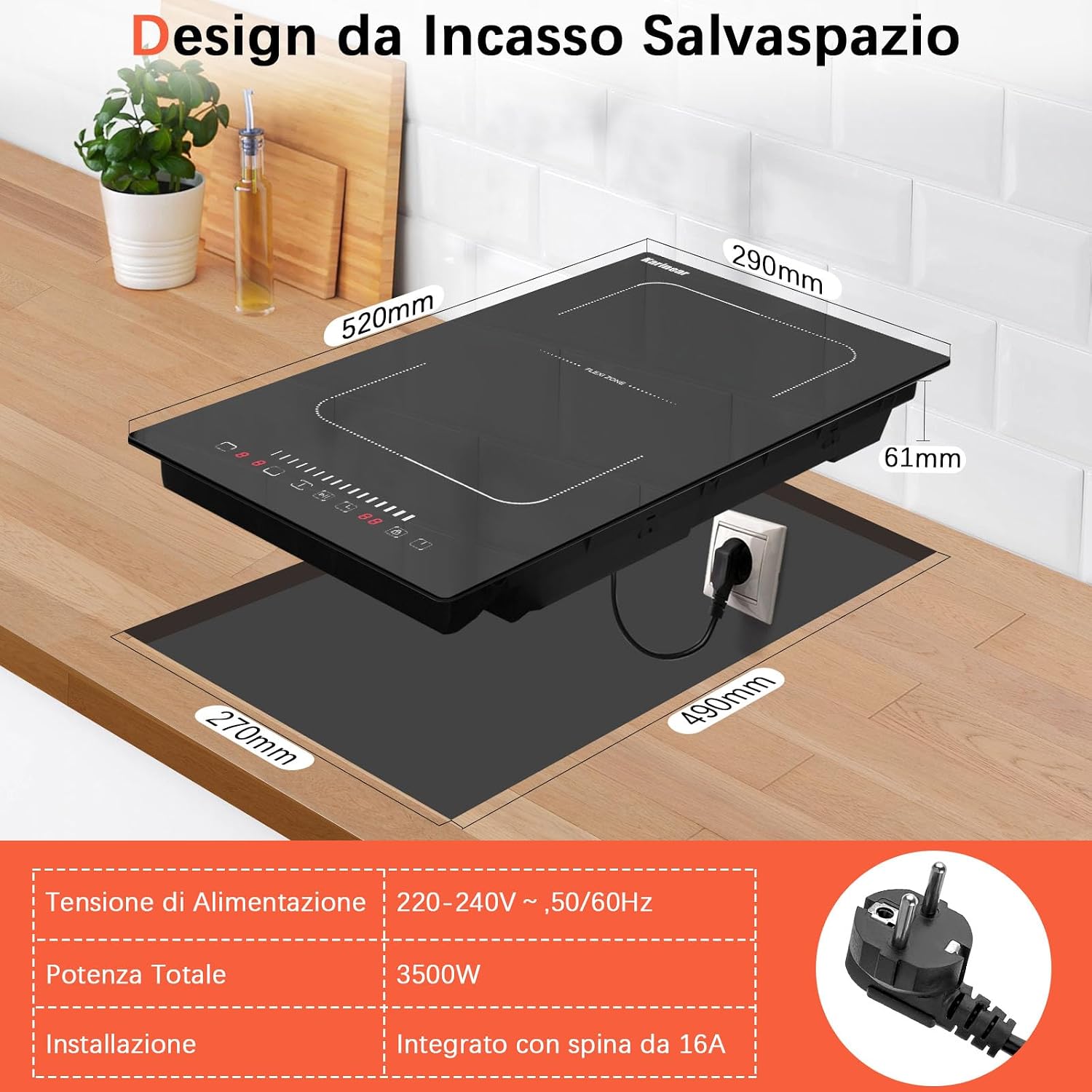 Diagram illustrating the dimensions of the Karinear built-in induction hob (520x290x61mm) and cutout dimensions (490x270mm), along with electrical specifications (220-240V, 3500W).