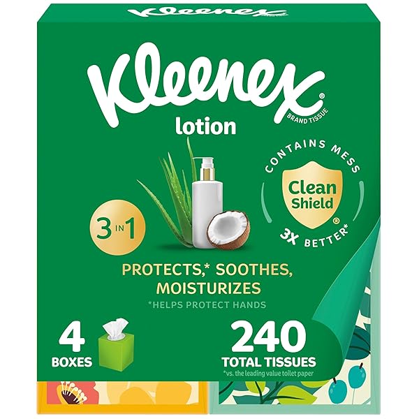 KLEENEX LOTION FACIAL TISSUES WITH COCONUT OIL, 4 CUBE BOXES, 60 TISSUES PER BOX, 3-PLY