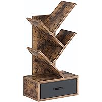 Rolanstar Bookshelf with Drawer, Small Tree Bookshelf, Wooden Desktop Bookshelves Storage Rack for CDs/Books, Rustic Brown Bo