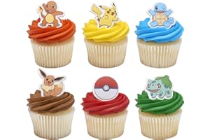 DecoPac Pokémon Rings, Cupcake Decorations With Pikachu, Bulbasaur, Eevee, Charmander, Squirtle, and Poké Ball, Multicolored Food Safe Cake Toppers – 24 Pack