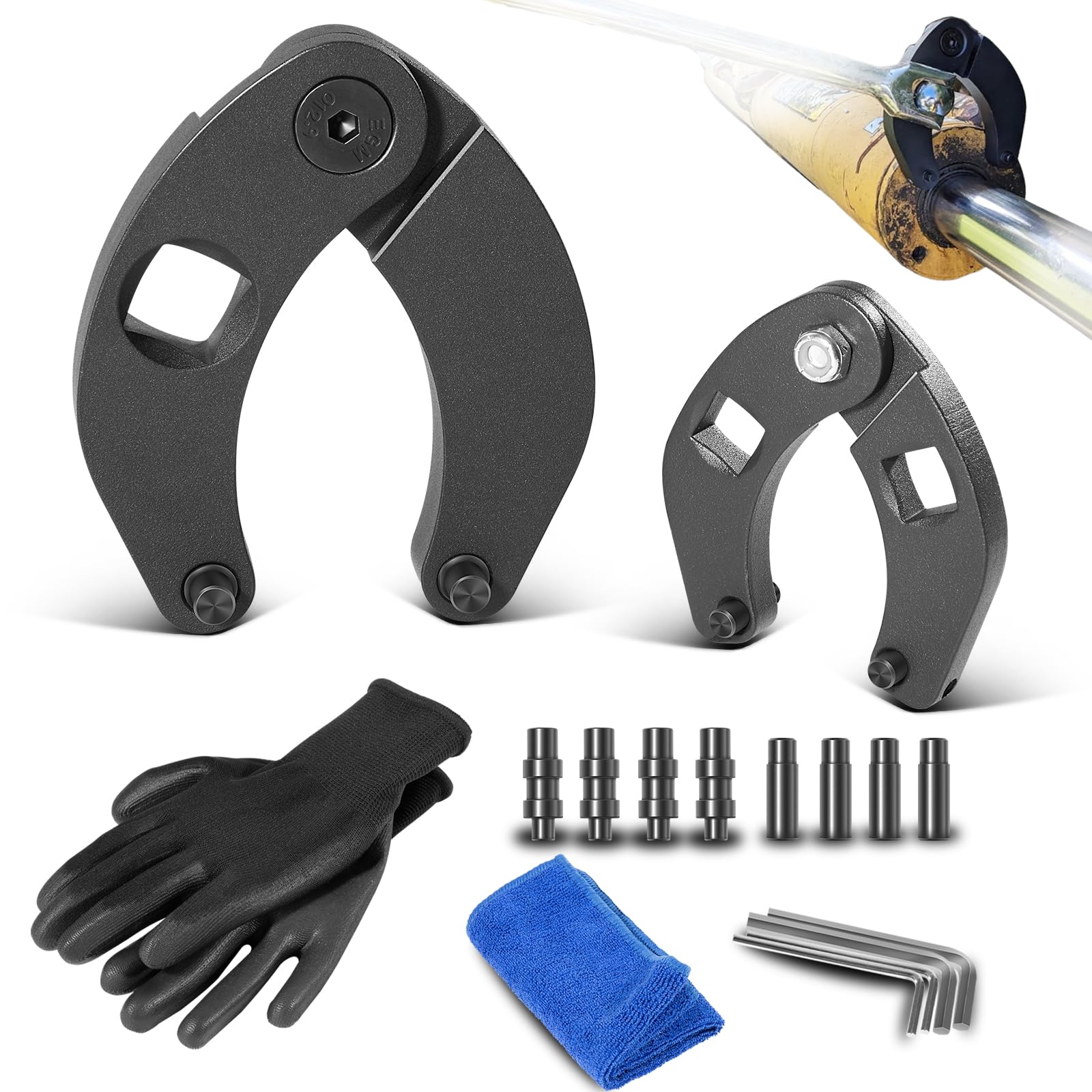 Photo 1 of Sunluway Adjustable Gland Nut Wrench - 2pcs Hydraulic Cylinder Spanner Wrench Set with Gloves, Microfiber Towel, Pins & Allen Wrenches for Most Farm & Construction Equipment