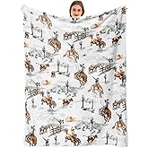 Hjokiupt Western Cowboy Throw Blankets, Wild West Cowboy Ride Horse Cactus Flannel Bed Couch Blanket, Farmhouse Country American West Theme White Throws to Decorate The Room and Bedroom