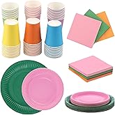 OMISTAR 220 Pcs Rainbow Party Tableware, Colorful Neon Party Supplies, Disposable Dinnerware Kit, Includes Plates, Cups, and Napkins, Ideal for Birthday, Wedding, Festival