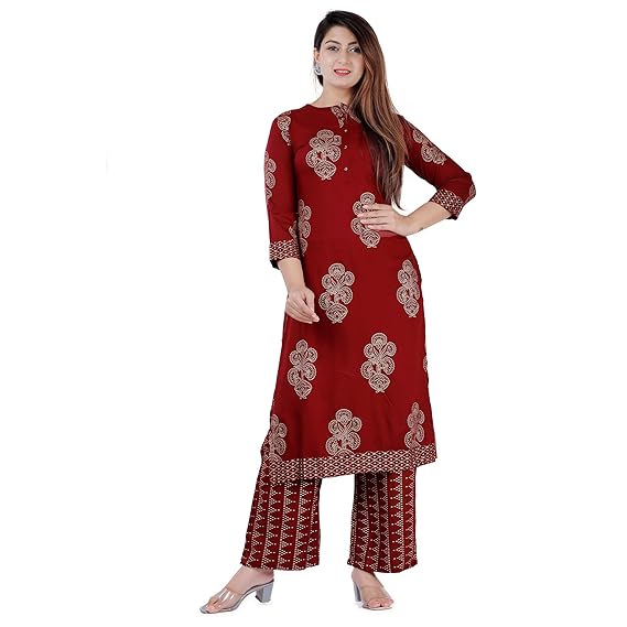 Women's Gold Print Kurti and Plazo Set-Block Print Kurta Plazo Set-P