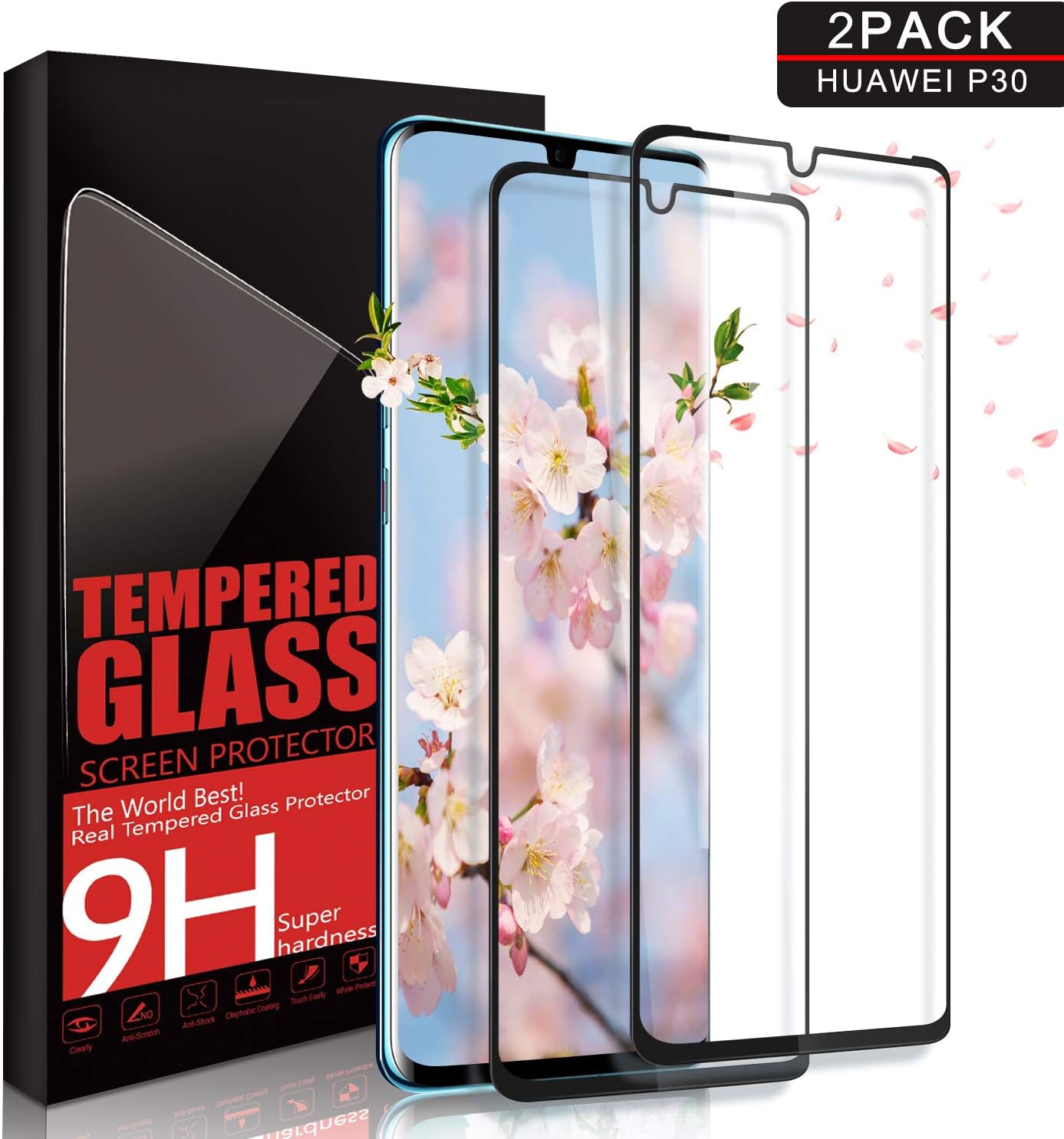 Aonsen Screen Protector Suitable Huawei P30, Coverage Tempered Glass, 9H Hardness, Anti-Fingerprint, HD Crystal Protective Film Guard Cover [2 Pack] - Black