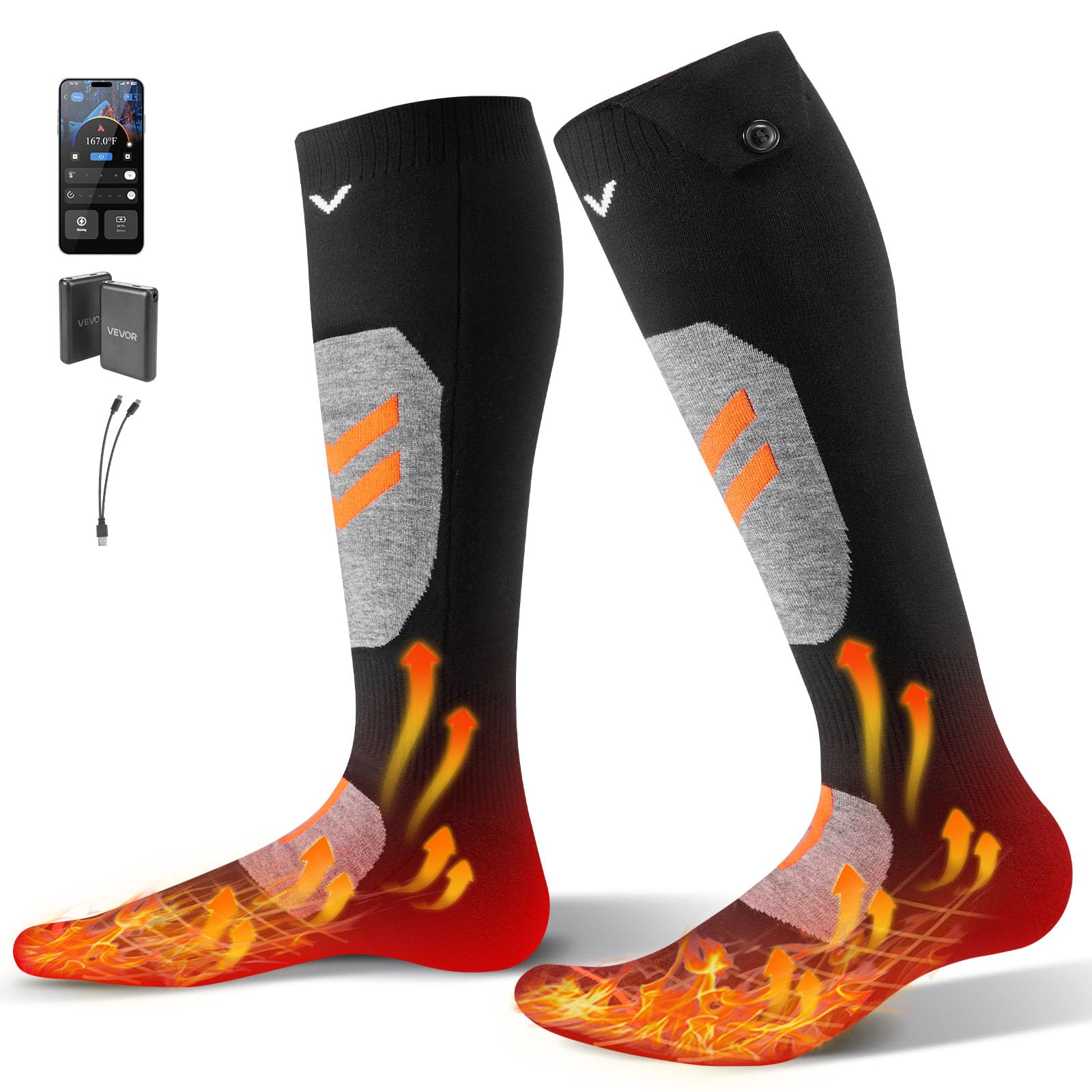 Photo 1 of *MINOR DAMAGE - USED*
VEVOR Heated Socks, 5000mAh Battery Rechargeable Heating Socks with 4 Heating Levels, Electric Heated Sock with APP Control for Men Women, Foot Warmer for Hunting Riding Camping Hiking, X-Large Size