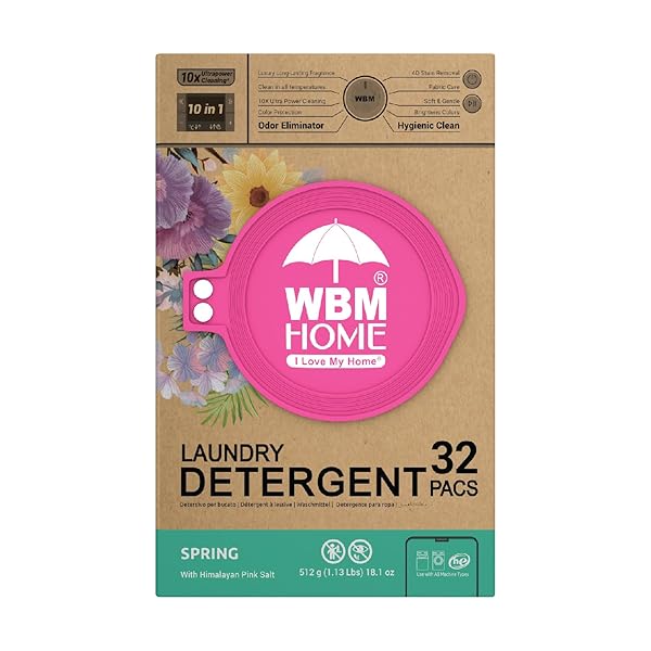 WBM HOME LAUNDRY DETERGENT PODS, SPRING FRAGRANCE SCENT, 32 COUNT – HE CONCENTRATED LAUNDRY PODS WITH 10X ULTRA POWER CLEANING AND 4D LAUNDRY STAIN REMOVER