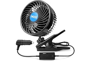 XOOL 12V 6'' Car Fan, Clip Fan 360 Degree Rotatable Car Fan Cooling Air Fan with Stepless Speed Regulation & Cigarette Lighter Plug for SUV, RV, Vehicles