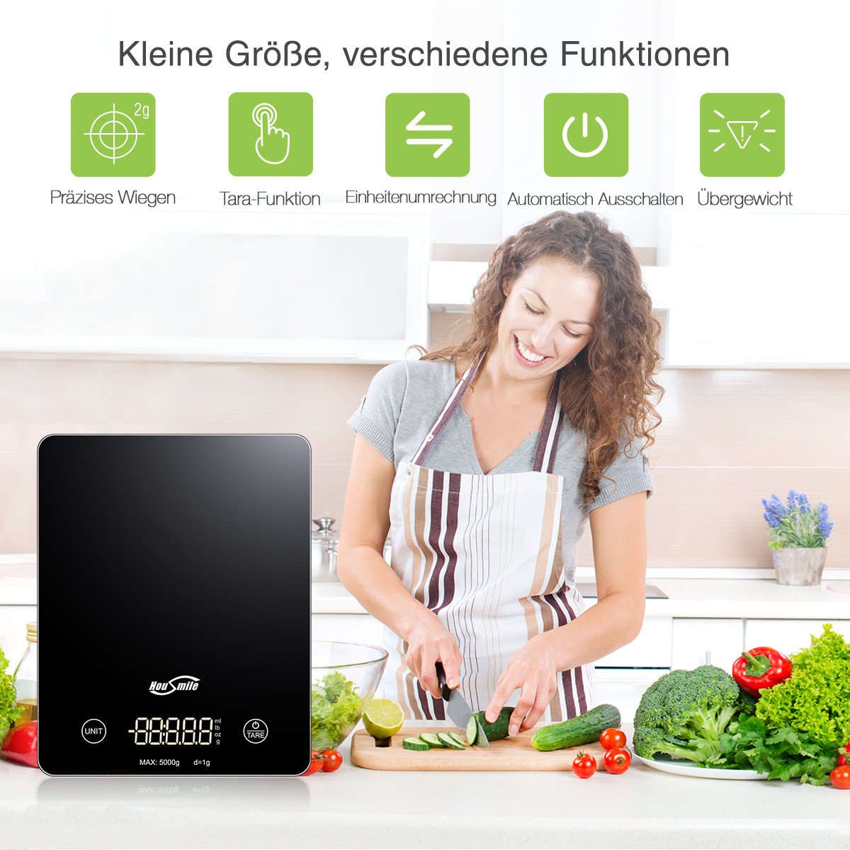 Housmile Digitale Küchenwaage, Elektronische Waage, Professionelle Waage mit hohe Präzision 5kg/1g, Sicherheitsglas mit LCD Display und Berührungsknopf, inkl. AAA-Batterien, ideal für Kochen, Backen, Briefemessen und Diätmachen, Schwarz