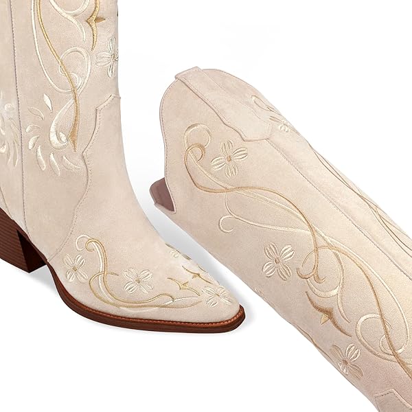 LEUNDEN BEIGE COWBOY BOOTS FOR WOMEN, KNEE HIGH COWGIRL BOOTS WITH POINTED TOE, CHUNKY HEEL, FLORAL EMBROIDERY WESTERN BOOTS SUEDE TALL BOOTS SIZE 10
