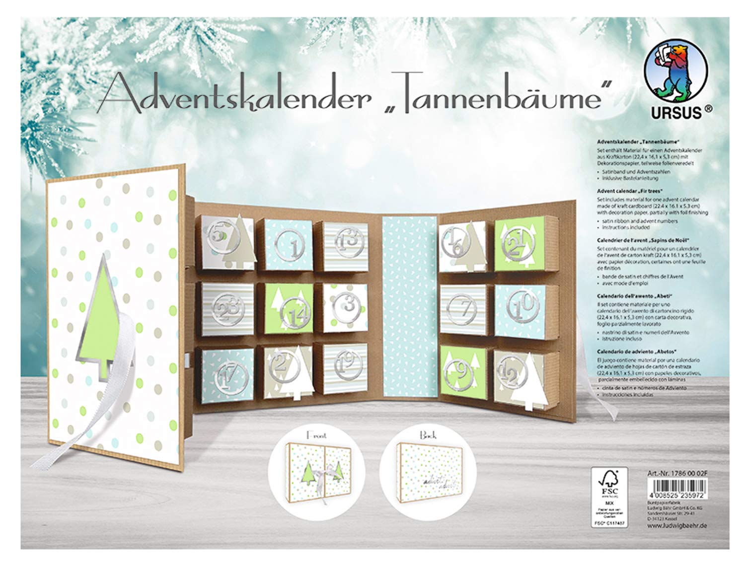 Ursus 17860002F Advent Calendar in Book Shape, Christmas Trees, Approx. 22.4 x 16.1 x 5.3 cm, Made of Kraft Cardboard, with Satin Ribbon for Closure, for Filling and Giving